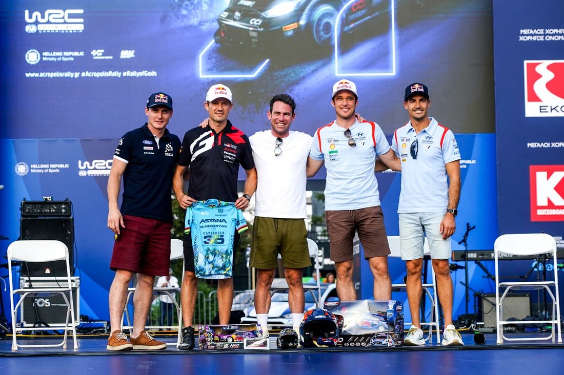 Adrien Fourmaux, M-Sport Ford World Rally Team. Sébastien Ogier, Toyota Gazoo Racing WRT, Mark Cavendish, Thierry Neuville, Hyundai World Rally Team, Dani Sordo, Hyundai World Rally Team.