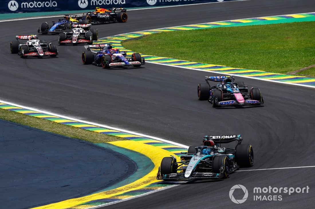 George Russell, Mercedes F1 W15, Pierre Gasly, Alpine A524, Liam Lawson, RB F1 Team VCARB 01, Nico Hulkenberg, Haas VF-24.