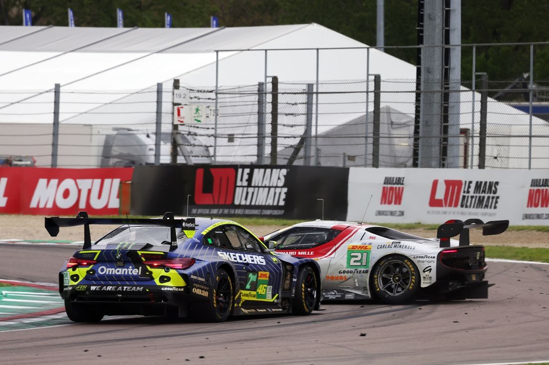 #46 Team WRT BMW M4 LMGT3: Ahmad Al Harthy, Valentino Rossi, Kelvin Van Der Linde, #21 Vista AF Corse Ferrari 296 LMGT3: Francois Heriau, Simon Mann, Alessio Rovera