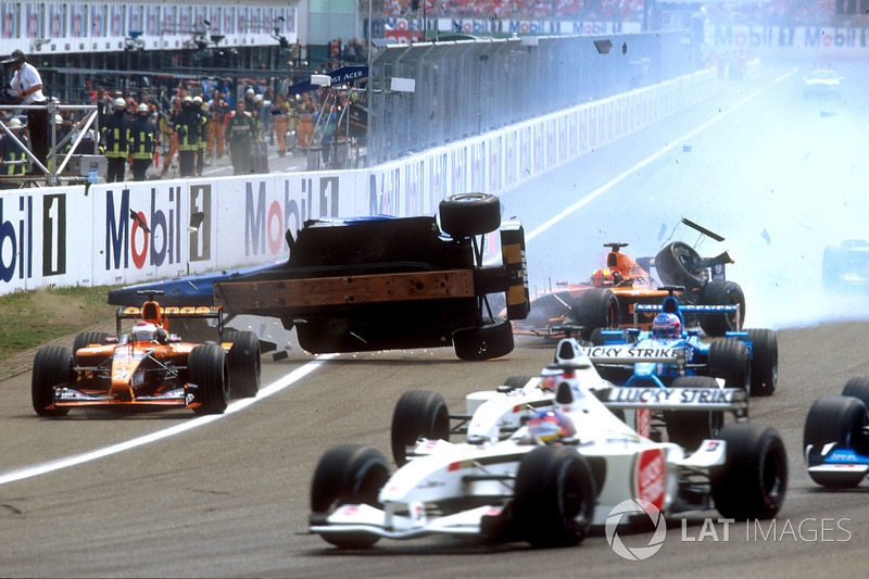 Luciano Burti, Prost AP04, after crashing into the back of the Ferrari of Michael Schumacher