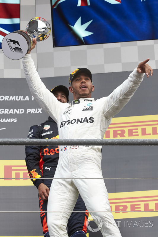 Race winner Lewis Hamilton, Mercedes AMG F1, with his trophy
