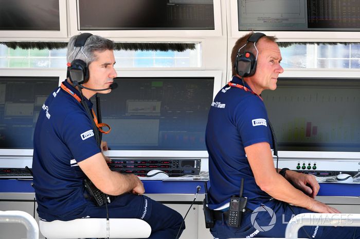 Xevi Pujolar, Sauber F1 Head of Track Engineering and Jorg Zander, Sauber Technical Director on the Sauber pit wall gantry