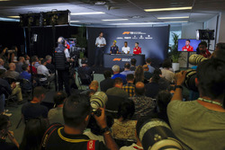 A wide view of the Thursday drivers Press Conference featuring Daniel Ricciardo, Red Bull Racing, Lewis Hamilton, Mercedes AMG F1, and Sebastian Vettel, Ferrari