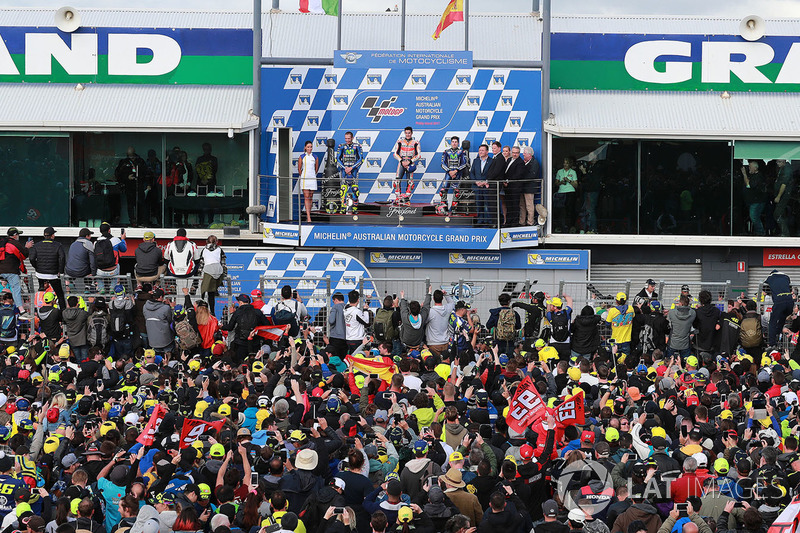 Podium: race winner Marc Marquez, Repsol Honda Team, second place Valentin Rossi, Yamah Factory Raci