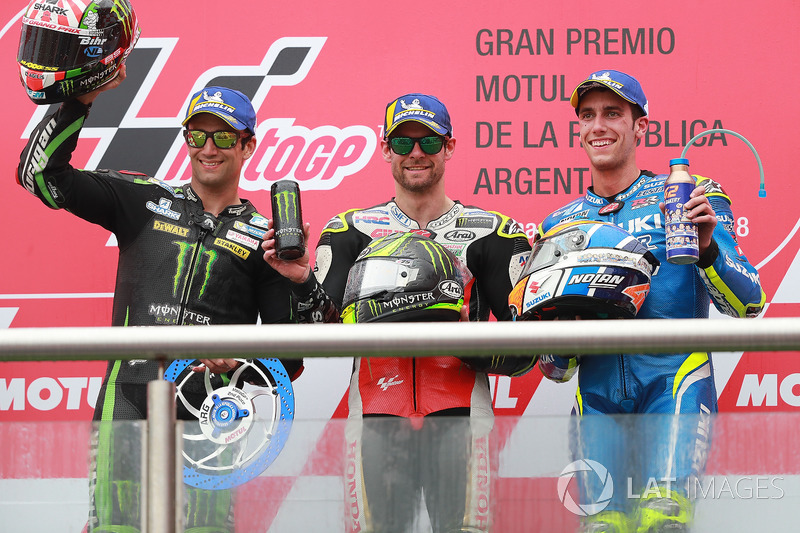 Podium: race winner Cal Crutchlow, Team LCR Honda, second place Johann Zarco, Monster Yamaha Tech 3,