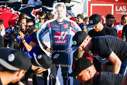 A Romain Grosjean and Kevin Magnussen 'Grognessen' cardboard cut out with the Haas team at the Raft
