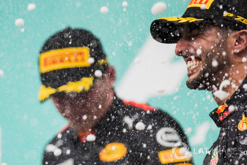 Max Verstappen, Red Bull Racing, race winner, third place Daniel Ricciardo, Red Bull Racing, spray Champagne on the podium