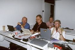 Nigel Roebuck, Alan Henry, Tony Dodgins and Jabby Crombac hard at work in the press room