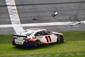 Denny Hamlin, Joe Gibbs Racing, Toyota Camry FedEx Express celebrates his win 