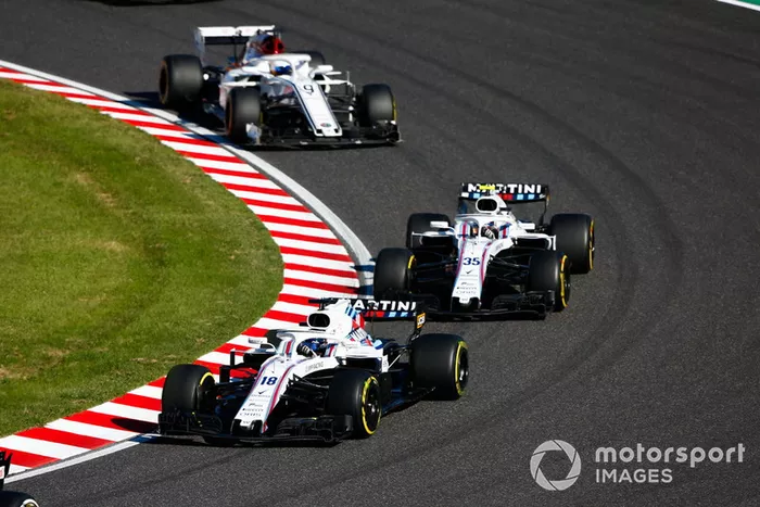 Lance Stroll, Williams FW41,  Sergey Sirotkin, Williams FW41, y Marcus Ericsson, Sauber C37 