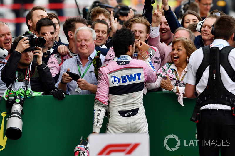 Third place Sergio Perez, Force India celebrates in parc ferme