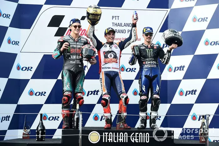 Podio: 1º Marc Márquez, 2º Fabio Quartararo, 3º Maverick Vinales