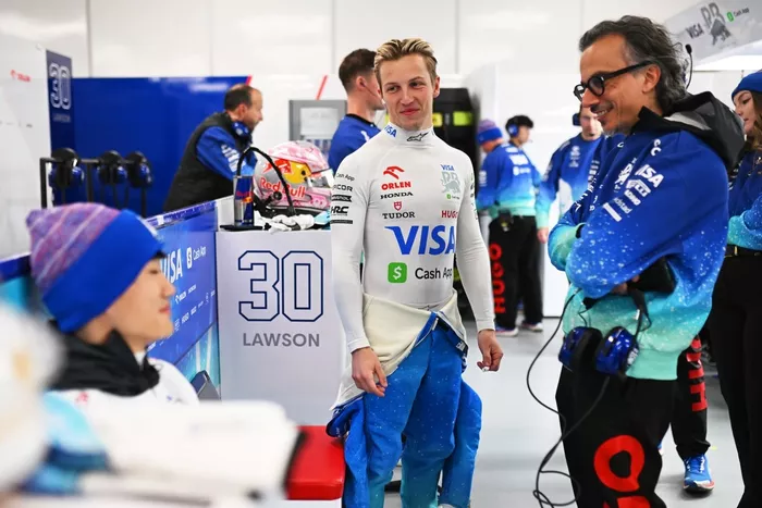 Yuki Tsunoda, RB F1 Team, Liam Lawson, RB F1 Team, Laurent Mekies, Team Principal, RB F1 Team 