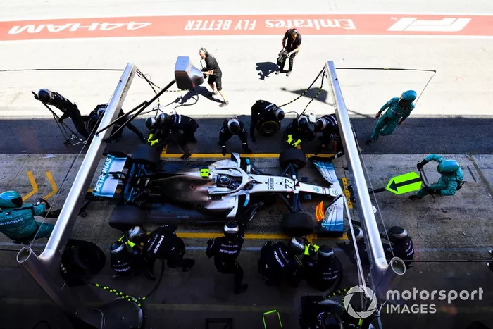 Valtteri Bottas, Mercedes AMG W10, makes a pit stop