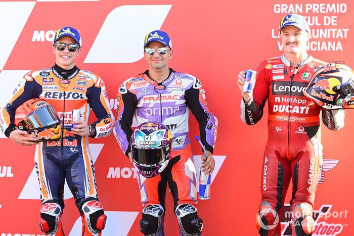 Top3 de la clasificación: segundo Marc Márquez, Repsol Honda Team, ganador de la pole Jorge Martin, Pramac Racing , tercero  Jack Miller, Ducati Team