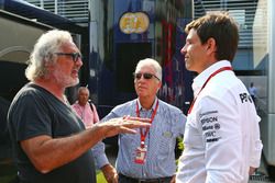 (L to R): Flavio Briatore, with Piero Ferrari, Ferrari Vice-President and Toto Wolff, Mercedes AMG F1 Shareholder and Executive Director