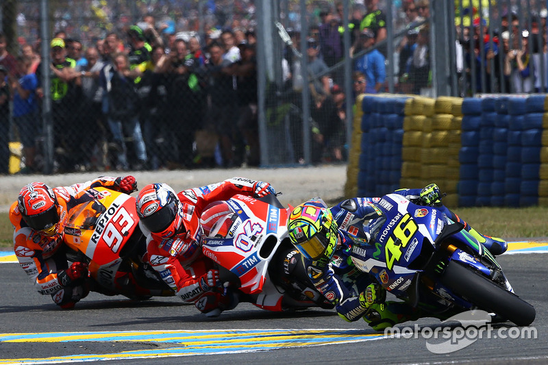 Valentino Rossi, Yamaha Factory Racing, Andrea Dovizioso, Ducati Team, und Marc Marquez, Repsol Hond