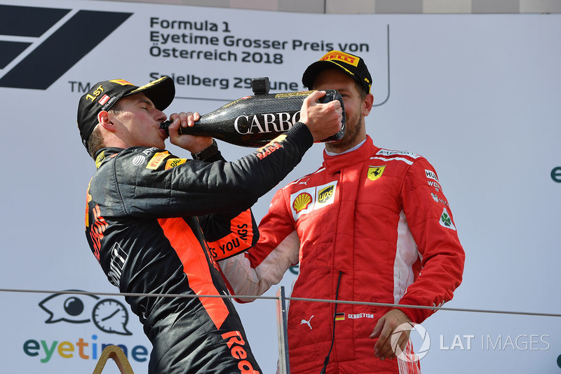 Max Verstappen, Red Bull Racing and Sebastian Vettel, Ferrari celebrate on the podium with the champagne