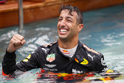 Daniel Ricciardo, Red Bull Racing, celebrates victory in the swimming pool on the Red Bull Energy Station