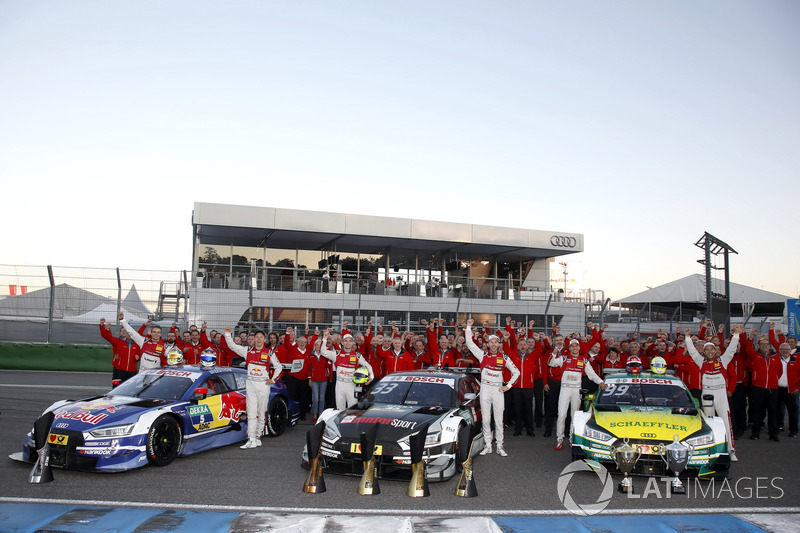 Nico Müller, Audi Sport Team Abt Sportsline, Audi RS 5 DTM, Mattias Ekström, Audi Sport Team Abt Sportsline, Audi A5 DTM, Jamie Green, Audi Sport Team Rosberg, Audi RS 5 DTM, René Rast, Audi Sport Team Rosberg, Audi RS 5 DTM, Loic Duval, Audi Sport Team Phoenix, Audi RS 5 DTM and Mike Rockenfeller, Audi Sport Team Phoenix, Audi RS 5 DTM celebrate