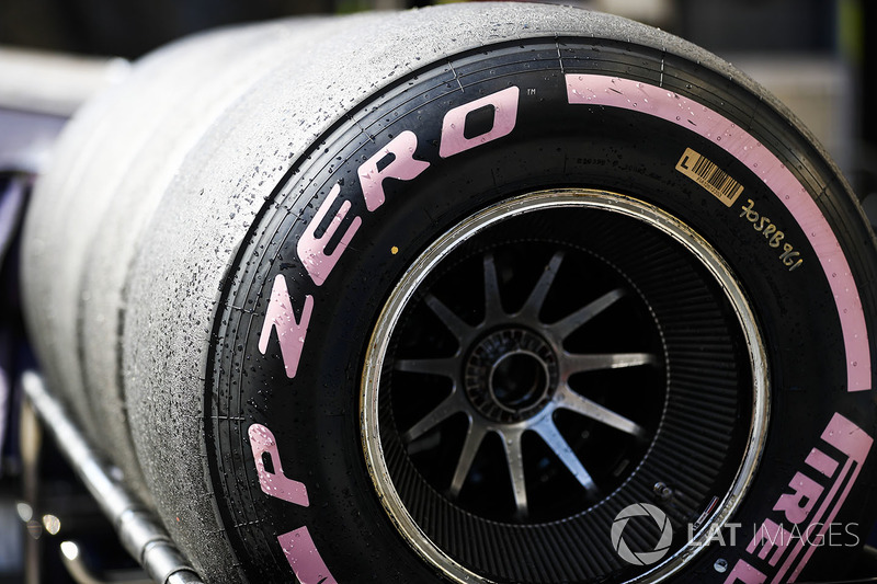 Pink side-walled Pirelli hyper soft tyre detail