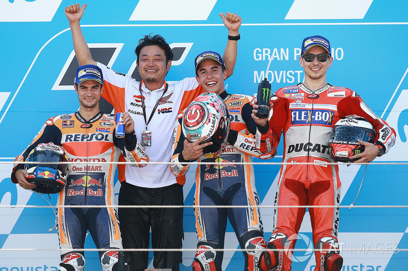 2017: 1. Marc Marquez, 2. Dani Pedrosa, 3. Jorge Lorenzo
