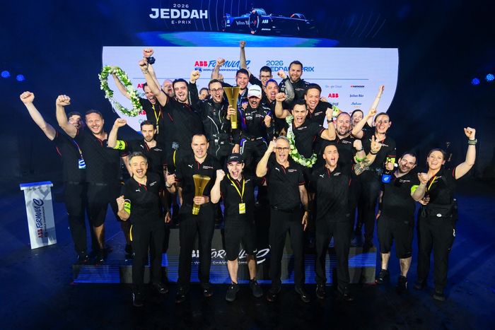 Pascal Wehrlein, Porsche Formula E Team, team members celebrate the race win on the podium