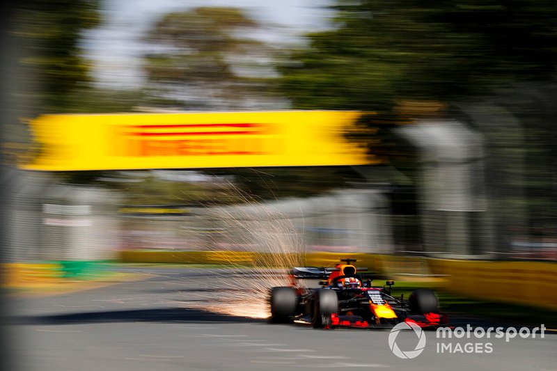 Sparks fly from the car of Max Verstappen, Red Bull Racing RB15