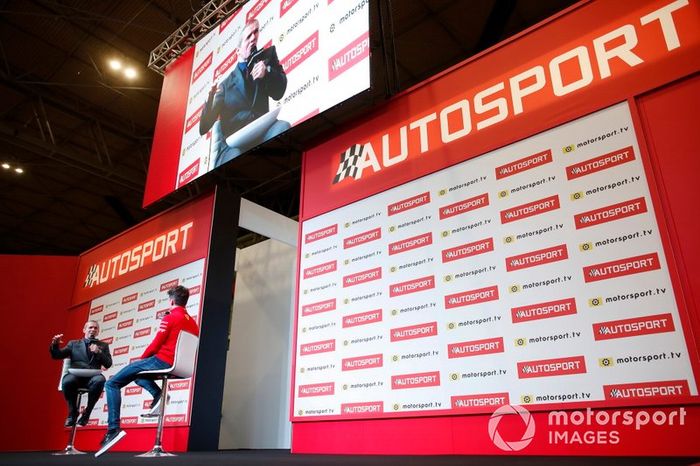 Presenter Stuart  Codling interviews Charles Leclerc, Ferrari on the Autosport stage