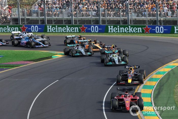 Charles Leclerc, Ferrari F1-75, Max Verstappen, Red Bull Racing RB18, Lewis Hamilton, Mercedes W13, Sergio Perez, Red Bull Racing RB18, George Russell, Mercedes W13