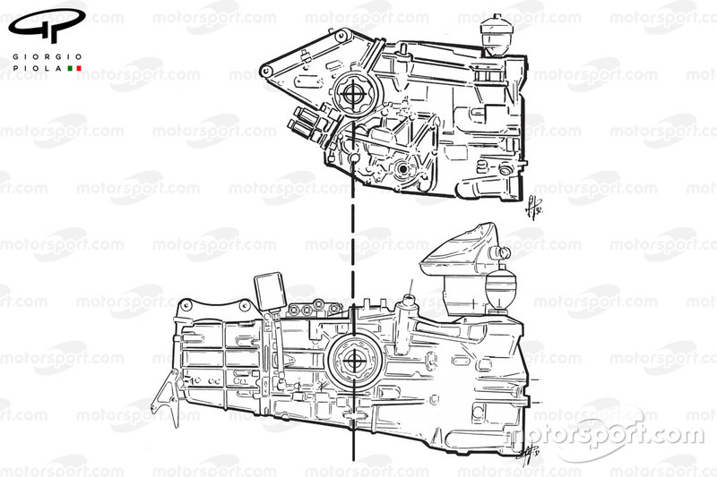Ferrari F92AT (644) 1992, confronto del cambio trasversale con quello della F92A (sotto)