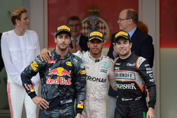 The podium: Daniel Ricciardo, Red Bull Racing, second; Lewis Hamilton, Mercedes AMG F1, race winner; Sergio Perez, Sahara Force India F1, third