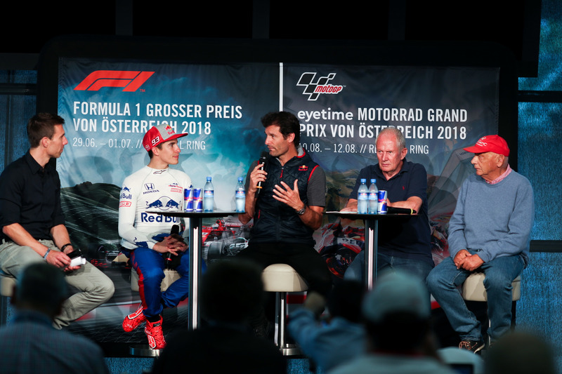 Marc Marquez, with ex Formula 1 driver, Mark Webber, and former World Champion Niki Lauda