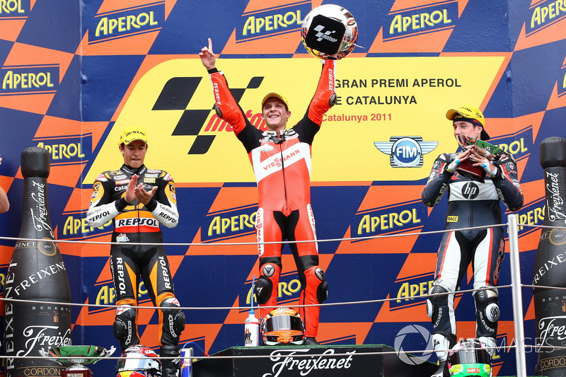 Podium: second place Marc Marquez, Race winner Stefan Bradl, third place Aleix Espargaro