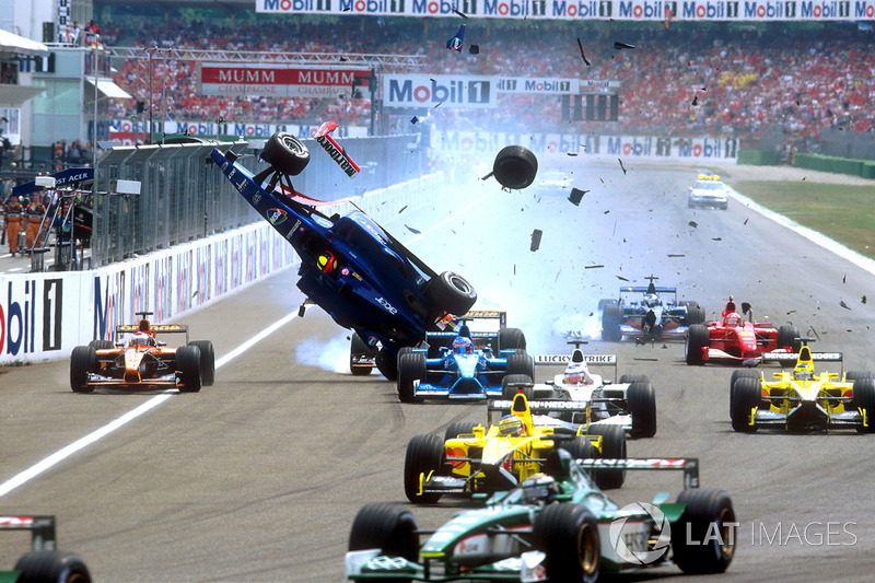 Luciano Burti, Prost AP04, after crashing into the back of the Ferrari of Michael Schumacher