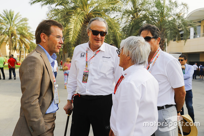 Mansoir Ojjeh, CEO, TAG, Bernie Ecclestone, Chairman Emiritus of Formula 1, and guests