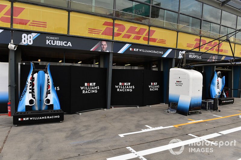 Bodywork outside of the Robert Kubica, Williams Racing, and George Russell garages