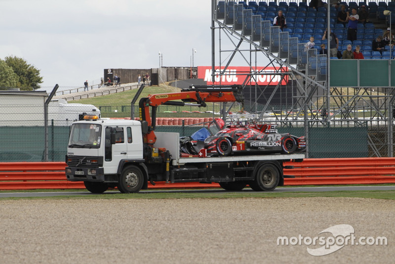 The car of #1 Rebellion Racing Rebellion R-13: Andre Lotterer, Neel Jani, Bruno Senna after the crash