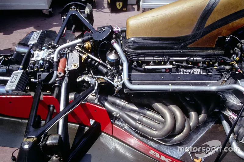 Engine and rear suspension detail in a Ferrari F92A