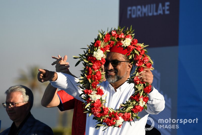 Dilbagh Gill, CEO, Team Principal, Mahindra Racing, celebrates on the podium