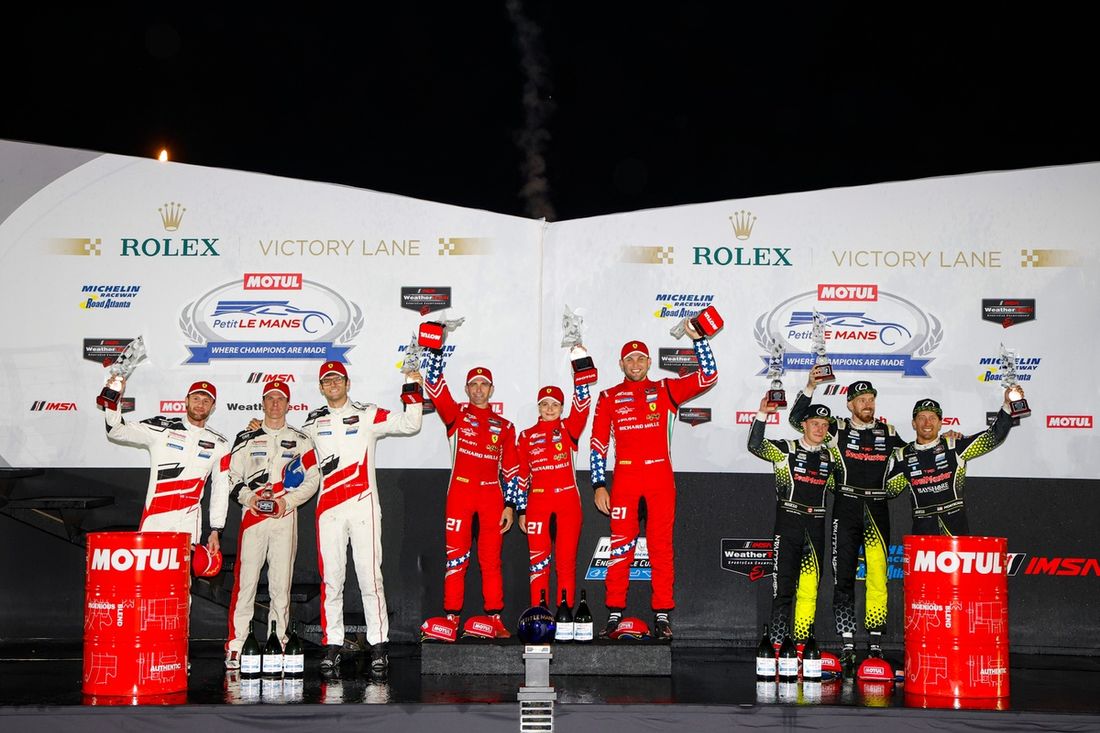 #21 AF Corse Ferrari 296 GT3: Simon Mann, Lilou Wadoux Ducellier, Alessandro Pier Guidi, #023 Triarsi Competizione Ferrari 296 GT3: Onofrio Triarsi, Kenton Koch, James Calado, #12 Vasser Sullivan Racing Lexus RC F GT3: Jack Hawksworth, Parker Thompson, Fr