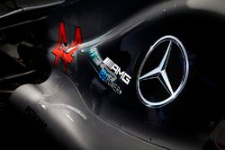 Engine cover detail of the Lewis Hamilton, Mercedes AMG F1 W09, including AMG Mercedes logo and branding