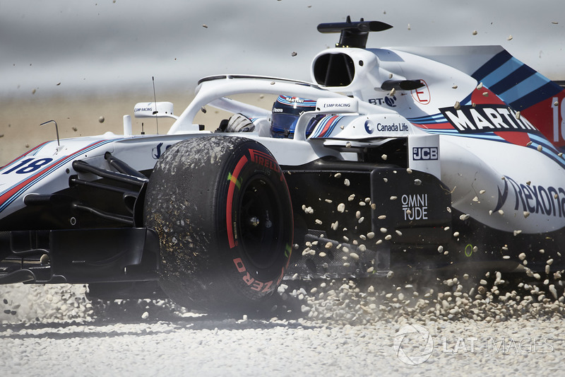 Lance Stroll, Williams FW41, runs through the gravel