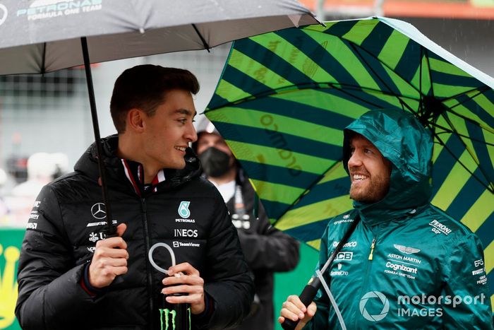 George Russell, Mercedes-AMG, Sebastian Vettel, Aston Martin 