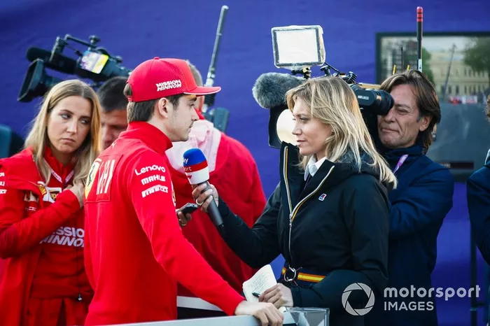 Charles Leclerc, Ferrari speaks with the media after crashing in qualifying 