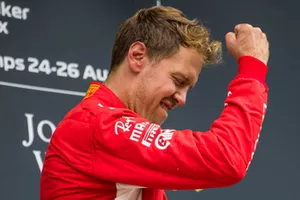 Sebastian Vettel, Ferrari, 1st position, celebrates on the podium