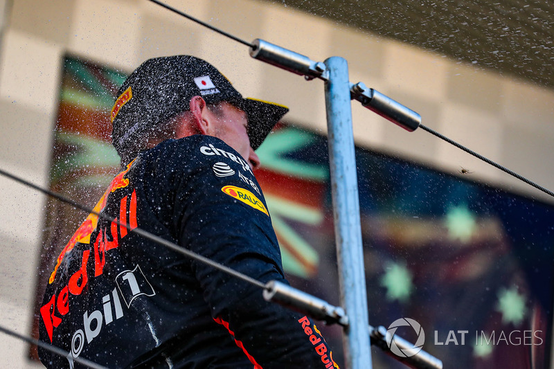 Max Verstappen, Red Bull Racing celebrates on the podium with the champagne