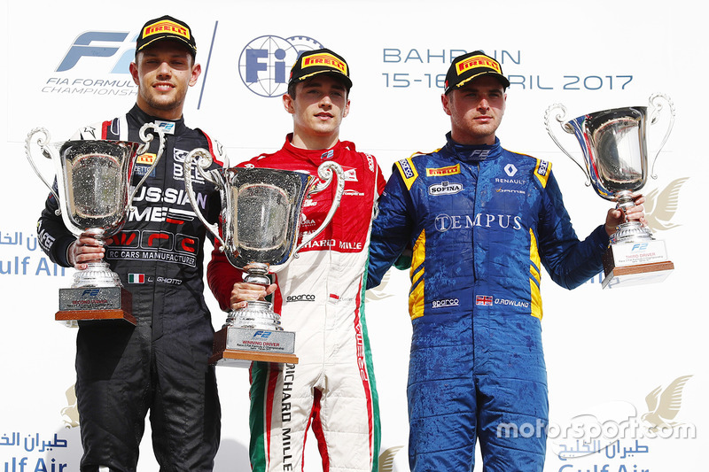 Podium : le vainqueur Charles Leclerc, PREMA Racing, le deuxième, Luca Ghiotto, RUSSIAN TIME, le troisième, Oliver Rowland, DAMS