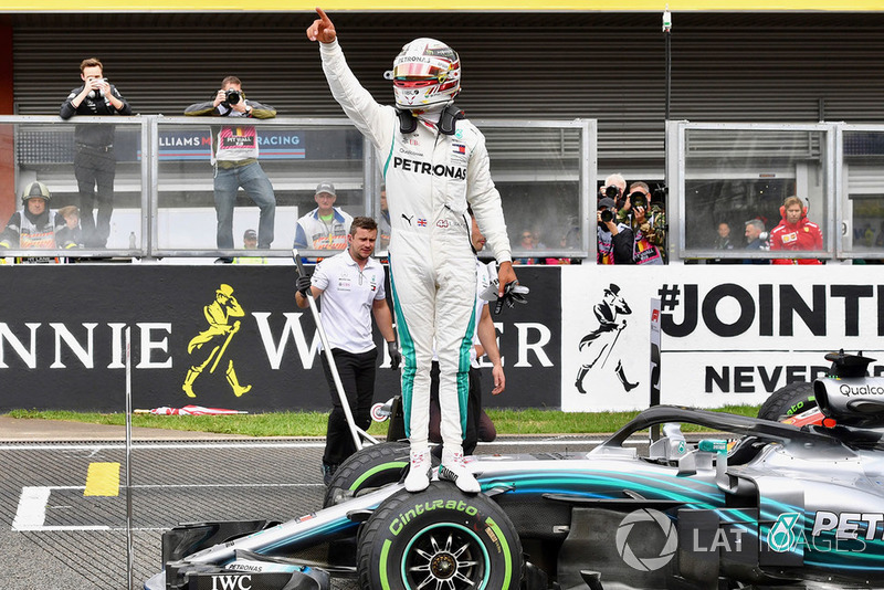 Pole sitter Lewis Hamilton, Mercedes AMG F1 W09 celebrates in parc ferme