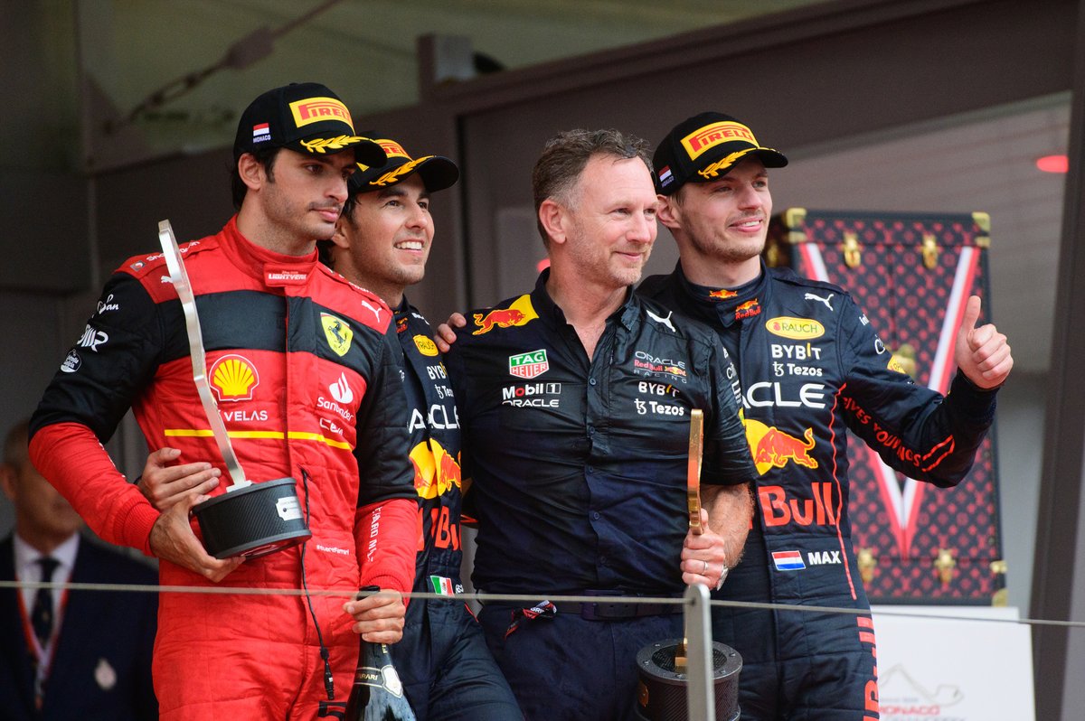 Podium: Race winner Sergio Perez, Red Bull Racing, second place Carlos Sainz, Ferrari, Christian Horner, Team Principal, Red Bull Racing , third place Max Verstappen, Red Bull Racing